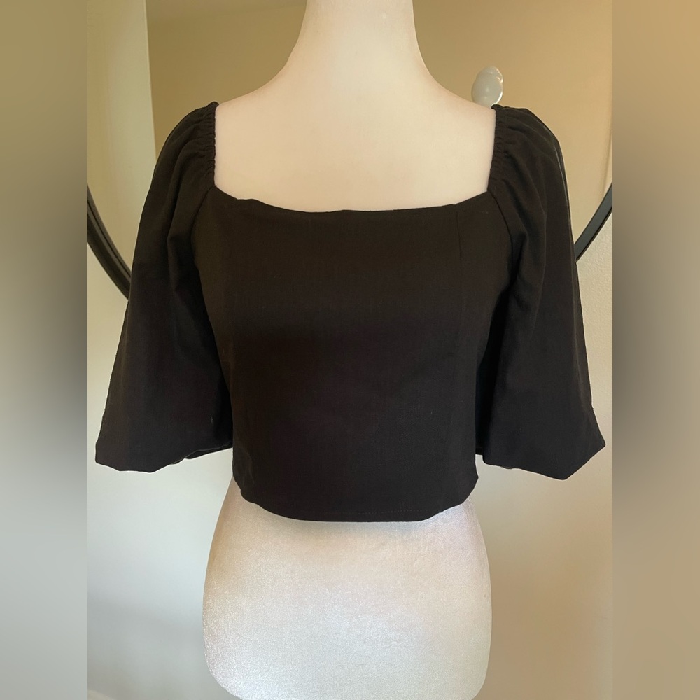 NWT Milly Linen Puff Sleeve Crop Top - Picture 6 of 8